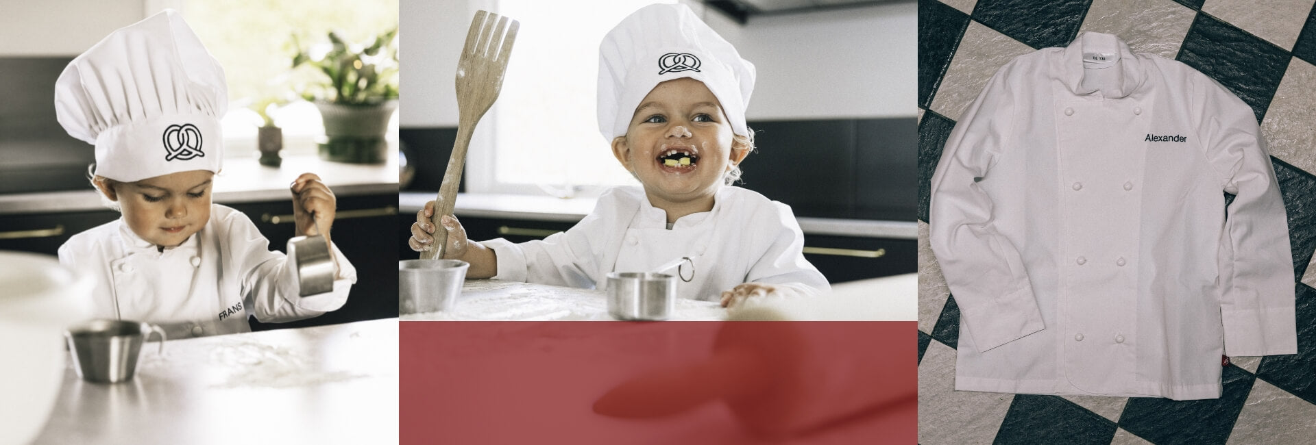 Barn i kockkläder bakar och leker i köket, med vit kockrock och kockmössa med logotyp. Personlig brodyr med namn syns på kockrocken. Bilden visar också en vit kockrock med namnet Alexander broderat.