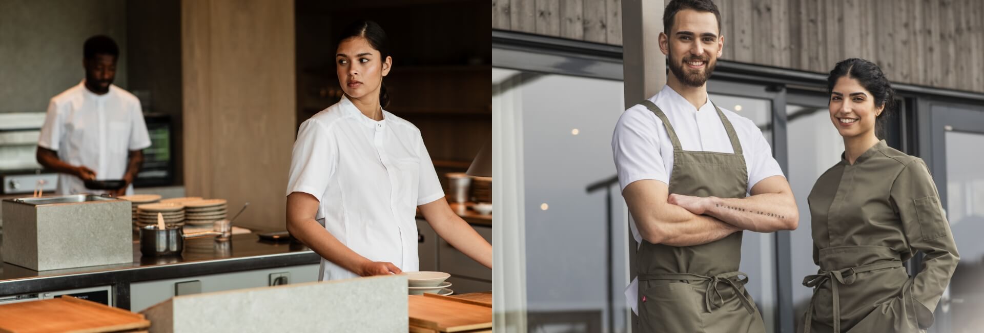 Två kockar arbetar i ett modernt kök, iklädda vita och neutrala kockjackor. En person står vid disken och tittar åt sidan medan en annan arbetar i bakgrunden. Bilden förmedlar en professionell och stilren atmosfär i köksmiljö.